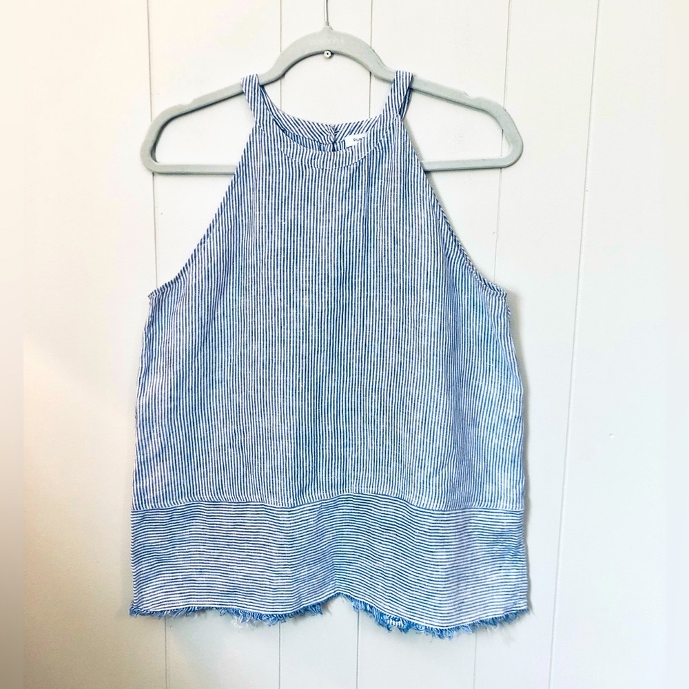 Pure Navy Linen Tank Halter Top Navy White Stripes Back Buttons Beachy Small